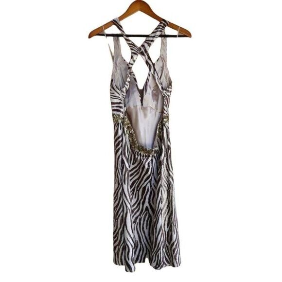 Y2K La Femme Racerback Dress 10 Formal Metallic Bronze Zebra Plunging V Strappy - Picture 8 of 11